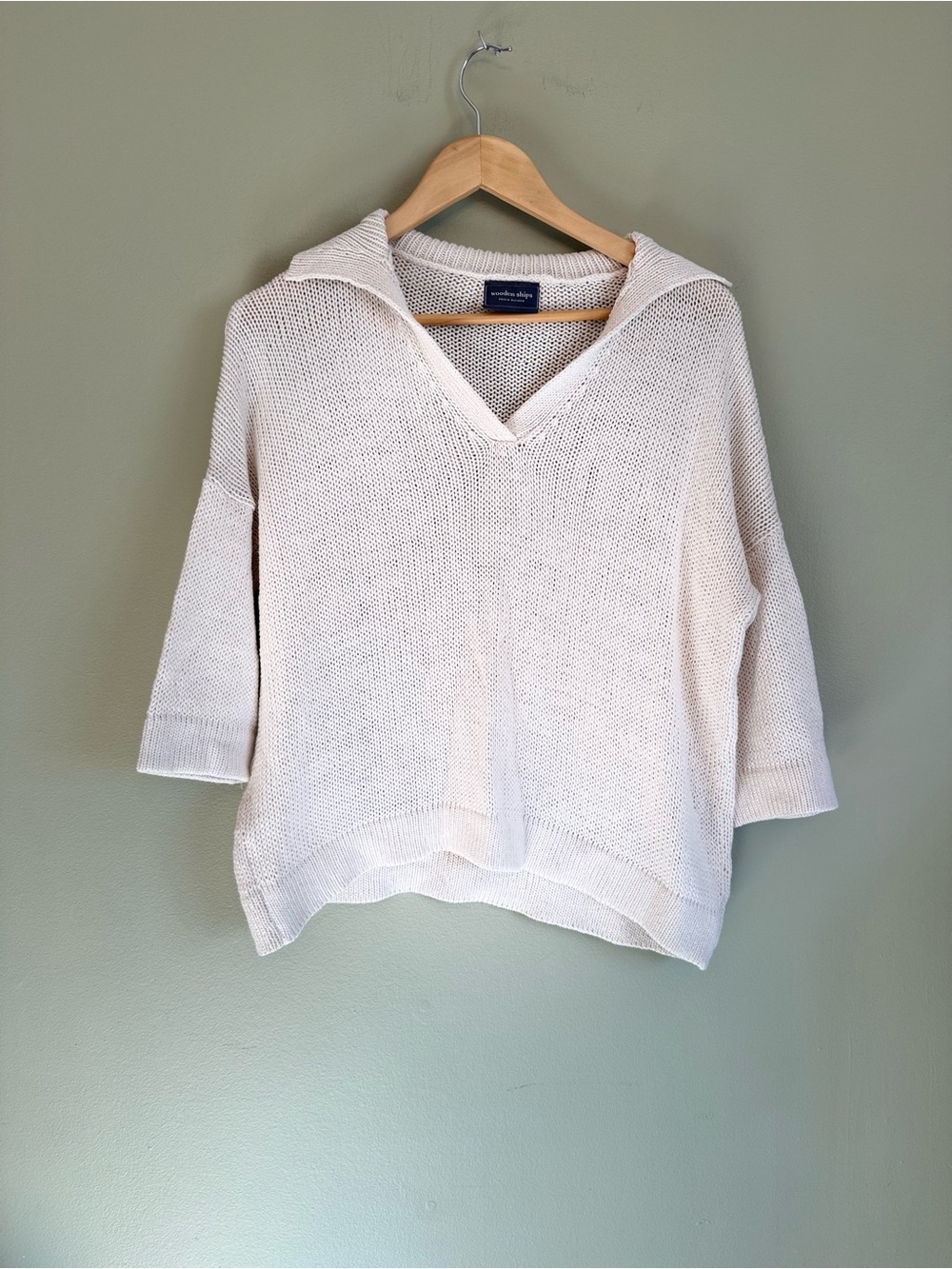 Wooden Ships Cream Open-Knit V-Neck Johnny Collar Sweater XS/S